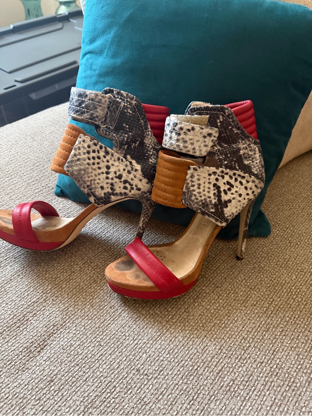 Red Mixed-Animal Pattern High Heel Sandals